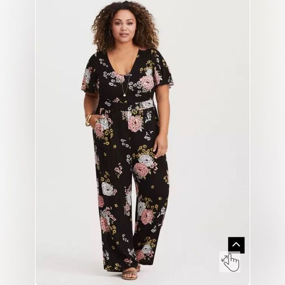 Torrid Floral Wide Leg Challis Jumpsuit Romper Women's Plus Black 0X - Picture 9 of 11
